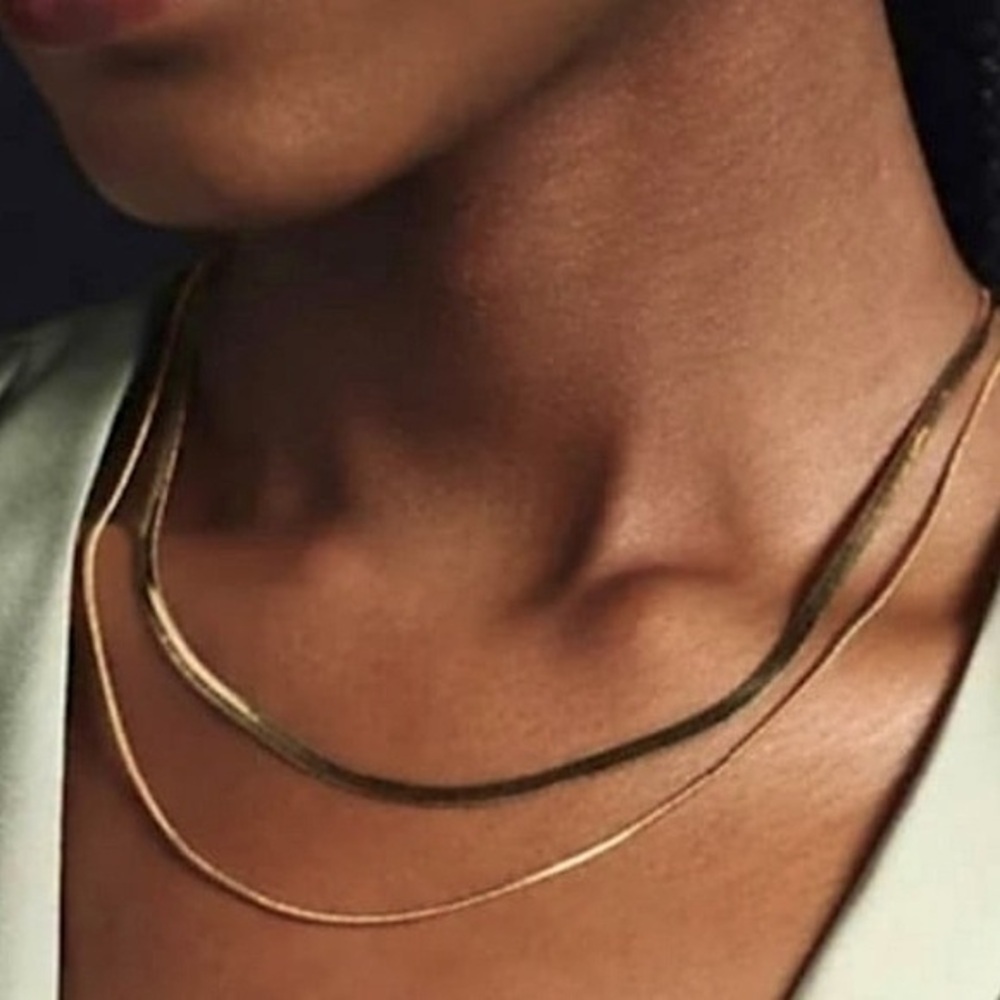 Anthropologie 14kt Gold-plated Herringbone Flat Chain Necklace 2 pc nwt